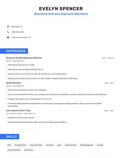 Research And Development Machinist Resume