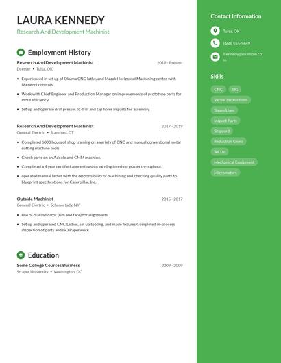 Research And Development Machinist Resume