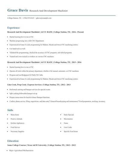 Research And Development Machinist Resume