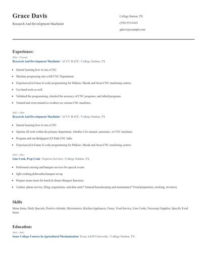 Research And Development Machinist Resume
