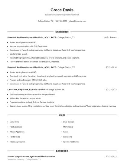 Research And Development Machinist Resume