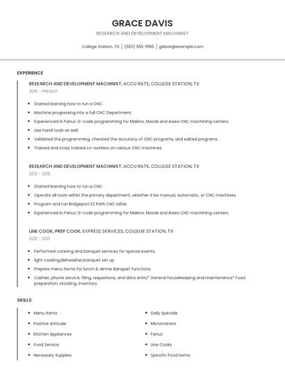 Research And Development Machinist Resume