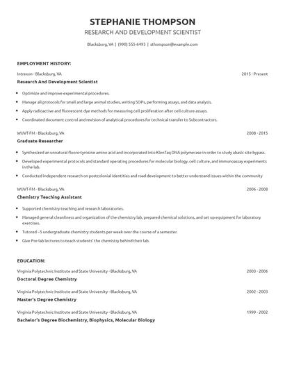 Research And Development Scientist Resume