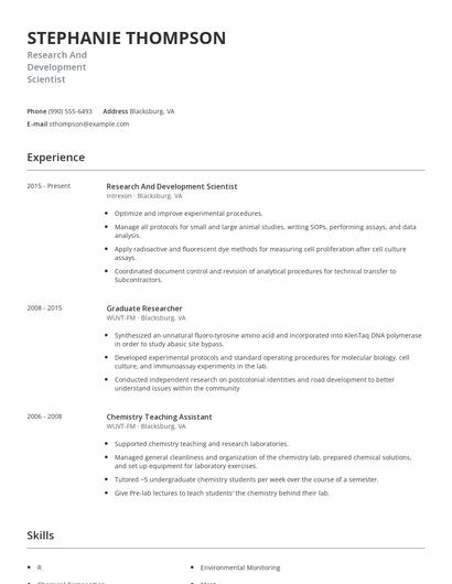 Research And Development Scientist Resume