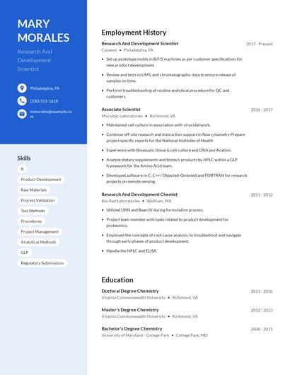 Research And Development Scientist Resume