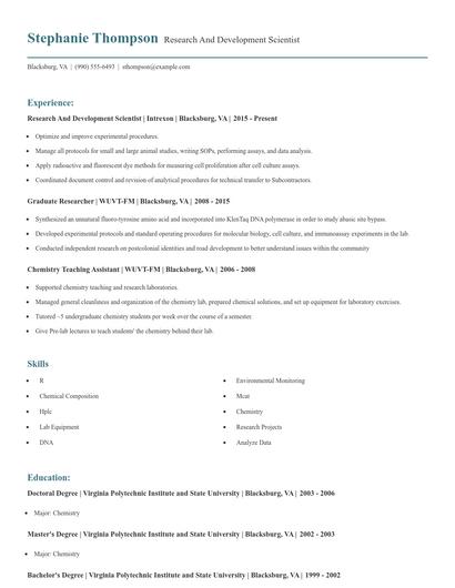 Research And Development Scientist Resume