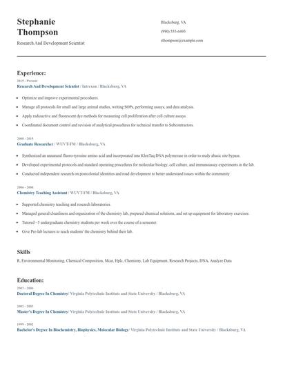 Research And Development Scientist Resume