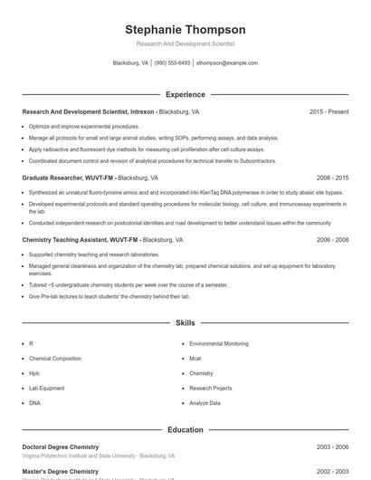 Research And Development Scientist Resume
