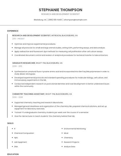 Research And Development Scientist Resume