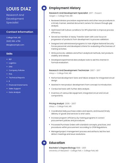 Research And Development Specialist Resume