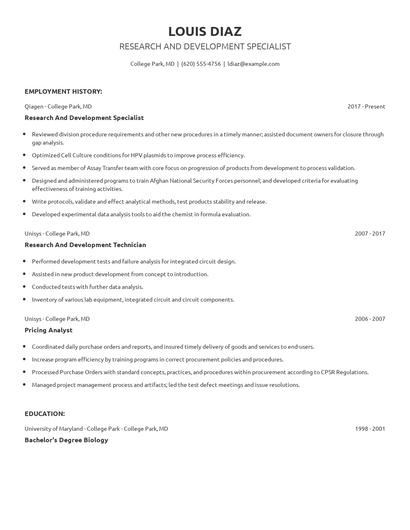 Research And Development Specialist Resume