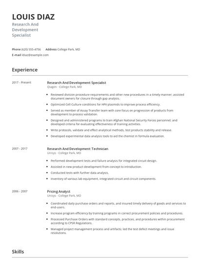 Research And Development Specialist Resume