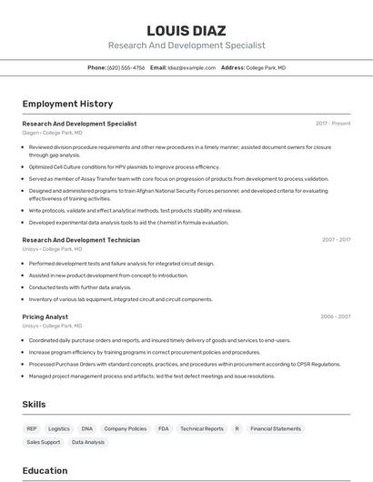Research And Development Specialist Resume