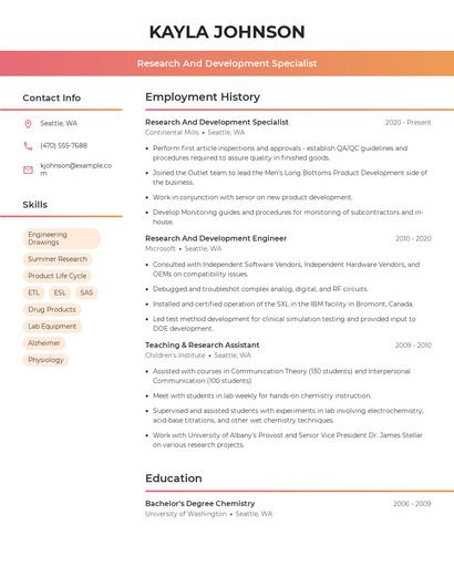 Research And Development Specialist Resume