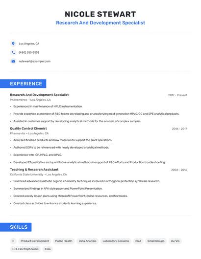 Research And Development Specialist Resume