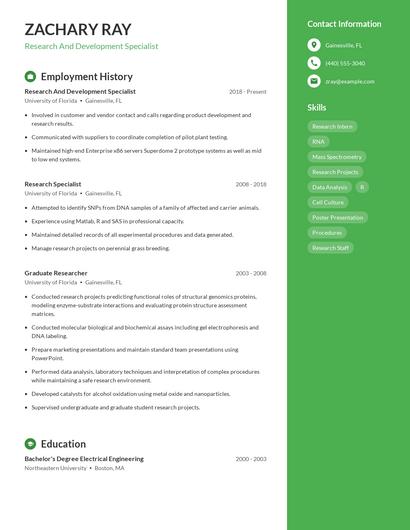 Research And Development Specialist Resume