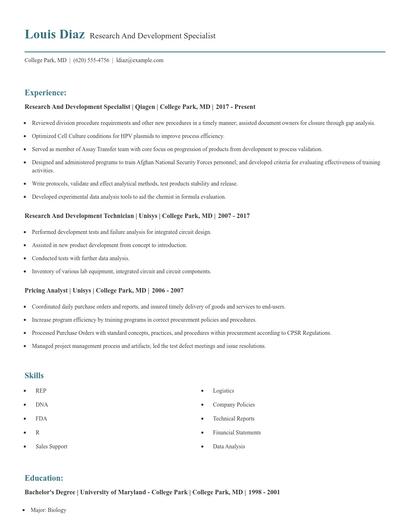 Research And Development Specialist Resume