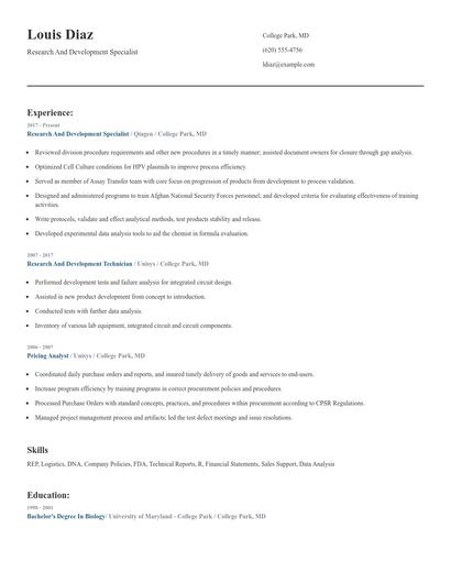 Research And Development Specialist Resume