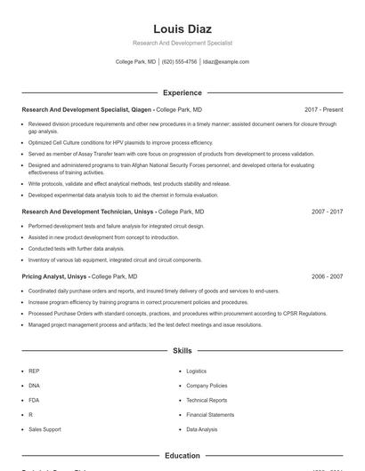 Research And Development Specialist Resume