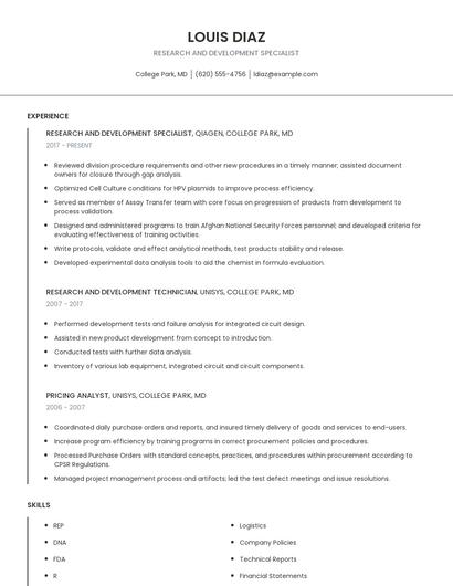 Research And Development Specialist Resume