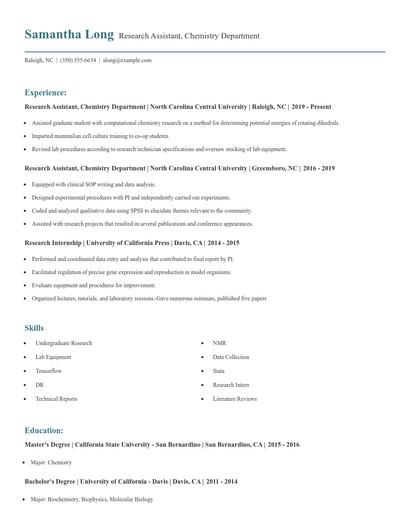 Research Assistant, Chemistry Department Resume