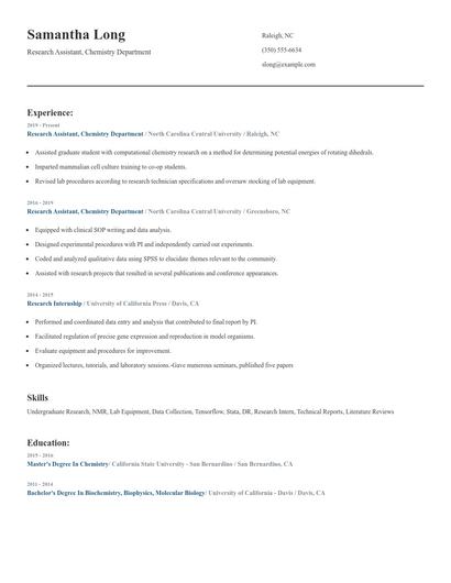 Research Assistant, Chemistry Department Resume
