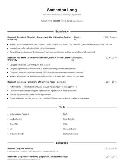 Research Assistant, Chemistry Department Resume