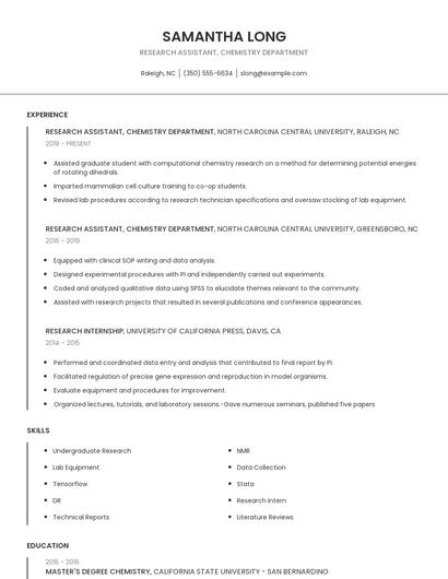 Research Assistant, Chemistry Department Resume