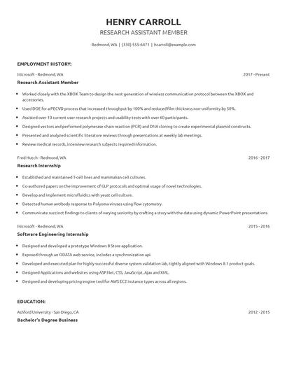 Research Assistant Member Resume