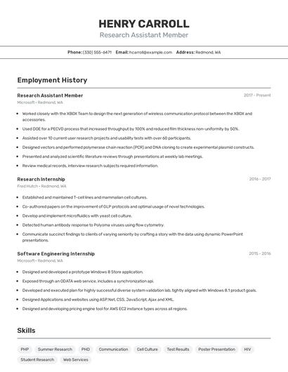 Research Assistant Member Resume