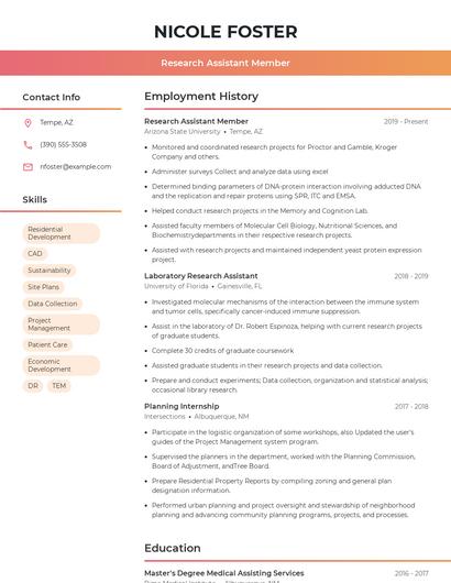 Research Assistant Member Resume