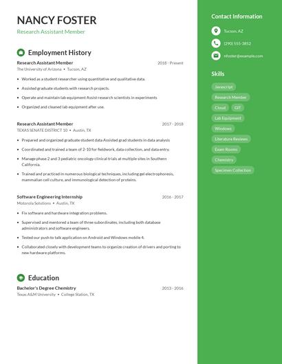 Research Assistant Member Resume