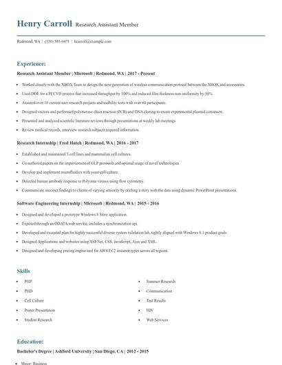 Research Assistant Member Resume