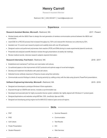 Research Assistant Member Resume