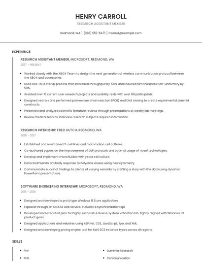 Research Assistant Member Resume