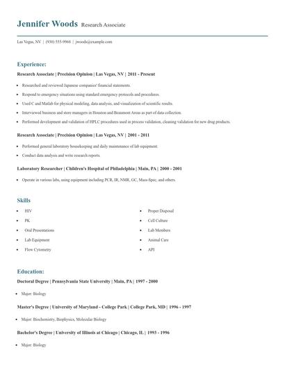 Research Associate Resume