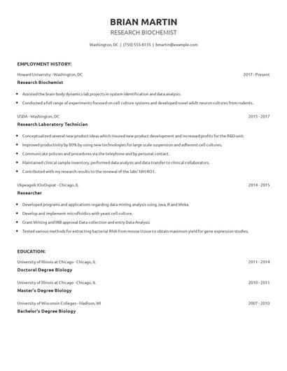 Research Biochemist Resume