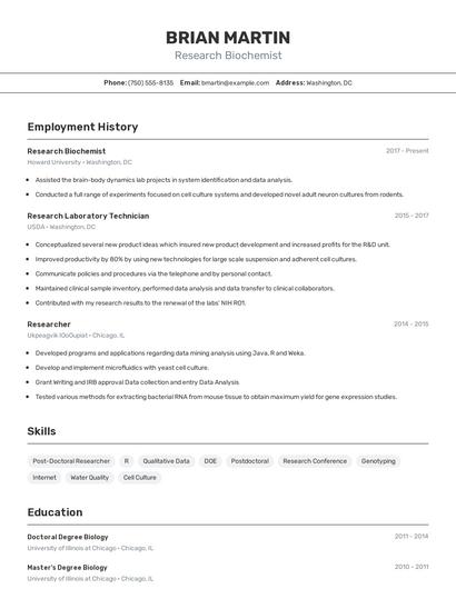 Research Biochemist Resume