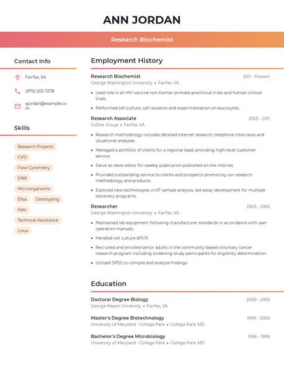 Research Biochemist Resume