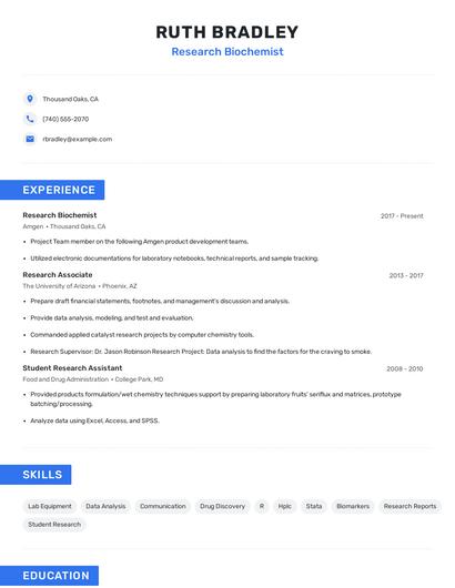 Research Biochemist Resume