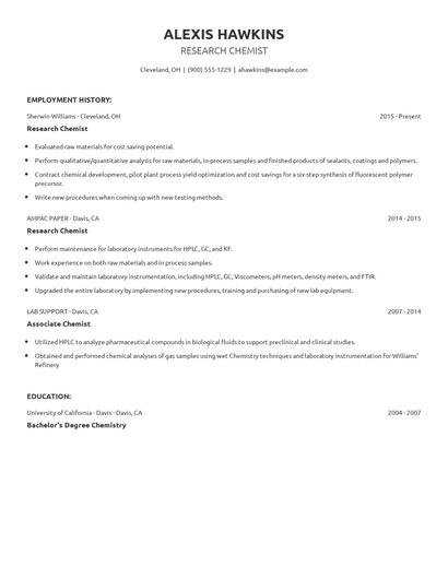 Research Chemist Resume