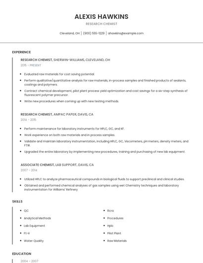 Research Chemist Resume
