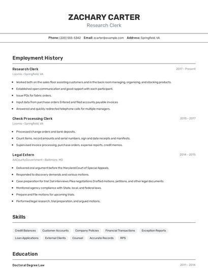 Research Clerk Resume