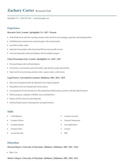 Research Clerk Resume