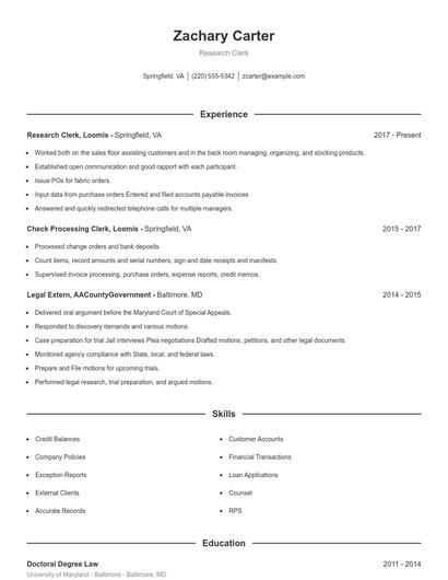 Research Clerk Resume