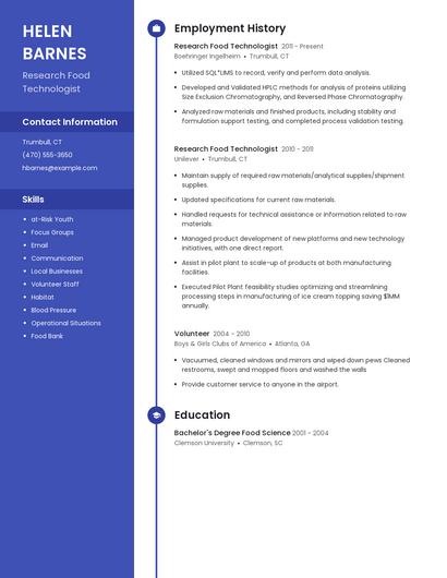 Research Food Technologist Resume