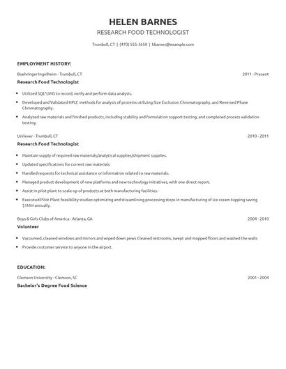 Research Food Technologist Resume
