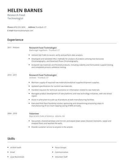 Research Food Technologist Resume