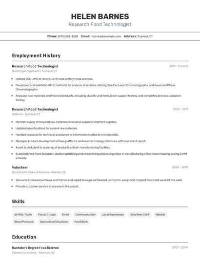 Research Food Technologist Resume