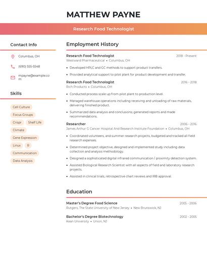 Research Food Technologist Resume